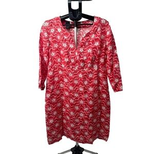 Boden Red White Star Print Star Pattern 3/4 Sleeve‎ Linen A Line Dress Size 12L